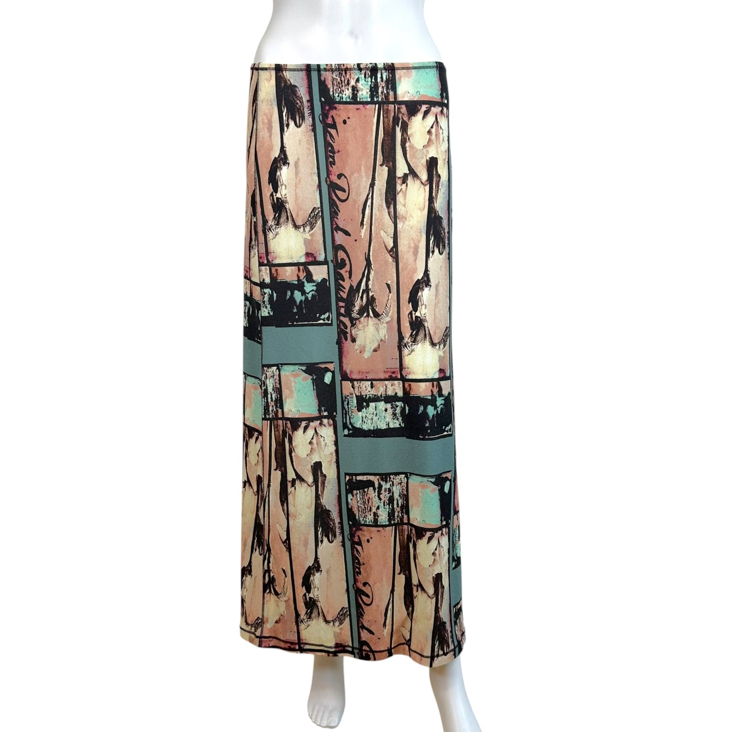 Jean Paul Gaultier Teal Blue & Pink Logo Print Maxi Skirt