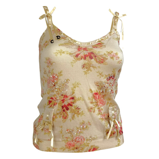 Christian Dior Floral Knit Cami Ivory Pink Lace-Up