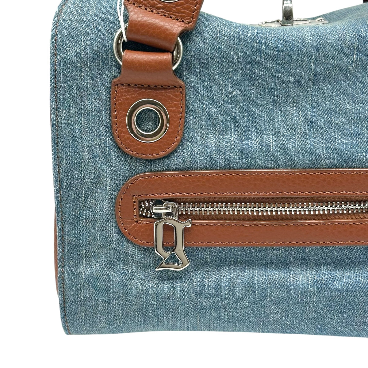 Galliano Brown Leather & Denim Logo Stripe Handbag