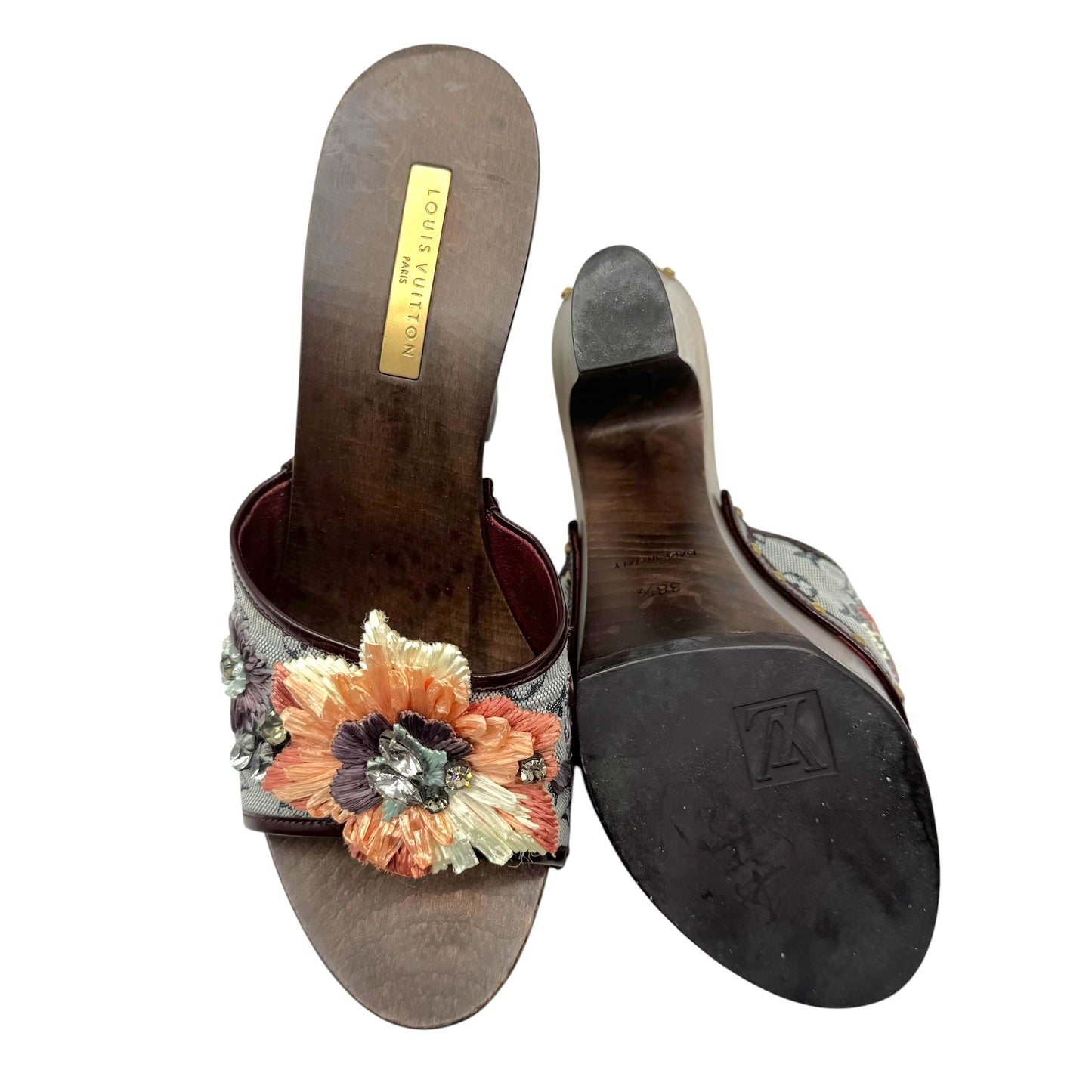 Louis Vuitton Lin Monogram & Sequin Raffia Flower Wooden Platform Heel Mules