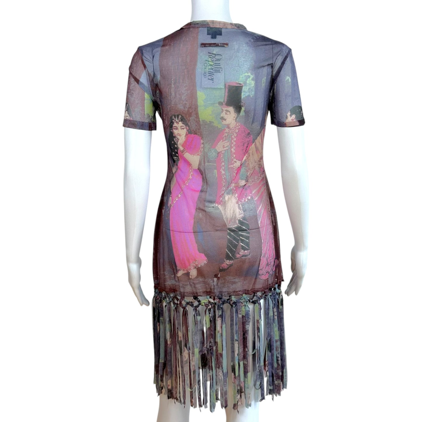 Jean Paul Gaultier Purple Multicolor People Print Fringe Trim Mesh Mini Dress