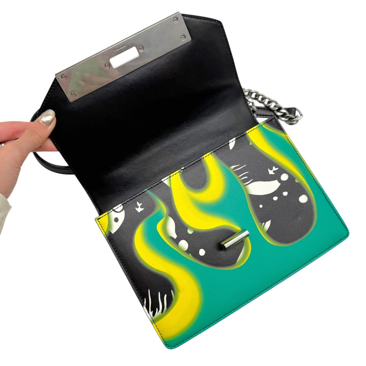 Prada Shoulder Bag Green Yellow Flame Print Leather