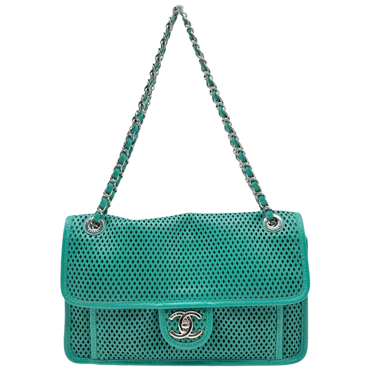 Chanel Medium Flap Bag Turquoise Perforated Leather