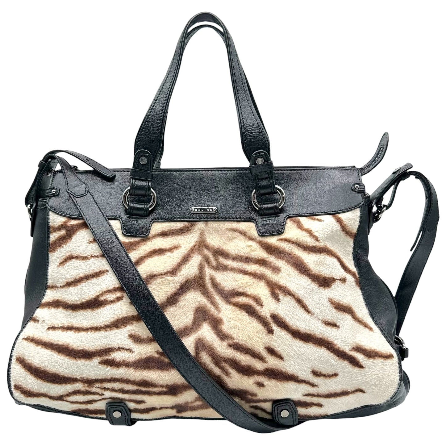 Celine Zebra Print Ponyhair & Black Leather XL 2-Way Tote Bag