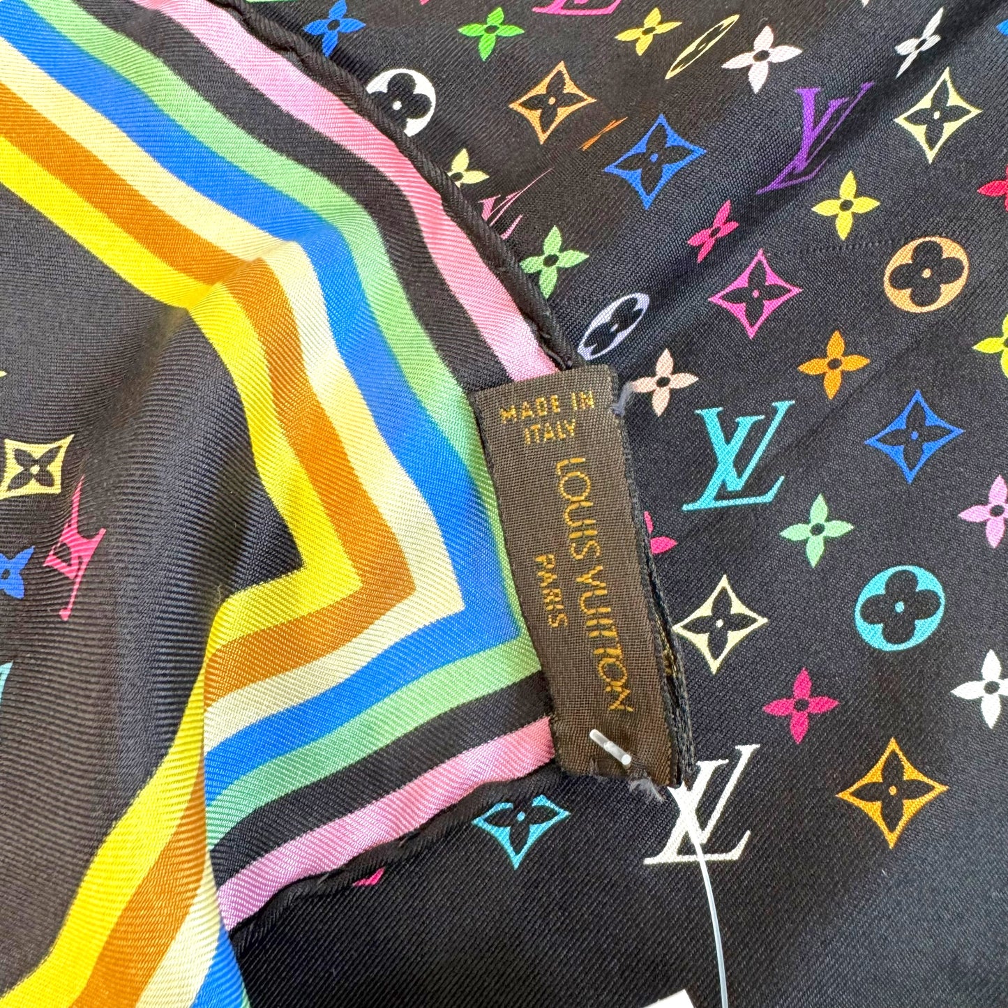 Louis Vuitton Black Multicolor Murakami Monogram Silk Square Scarf