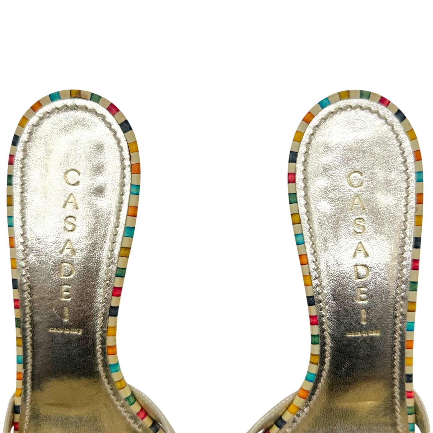 Casadei Metallic Gold Multicolor Striped Kitten Heel Mules