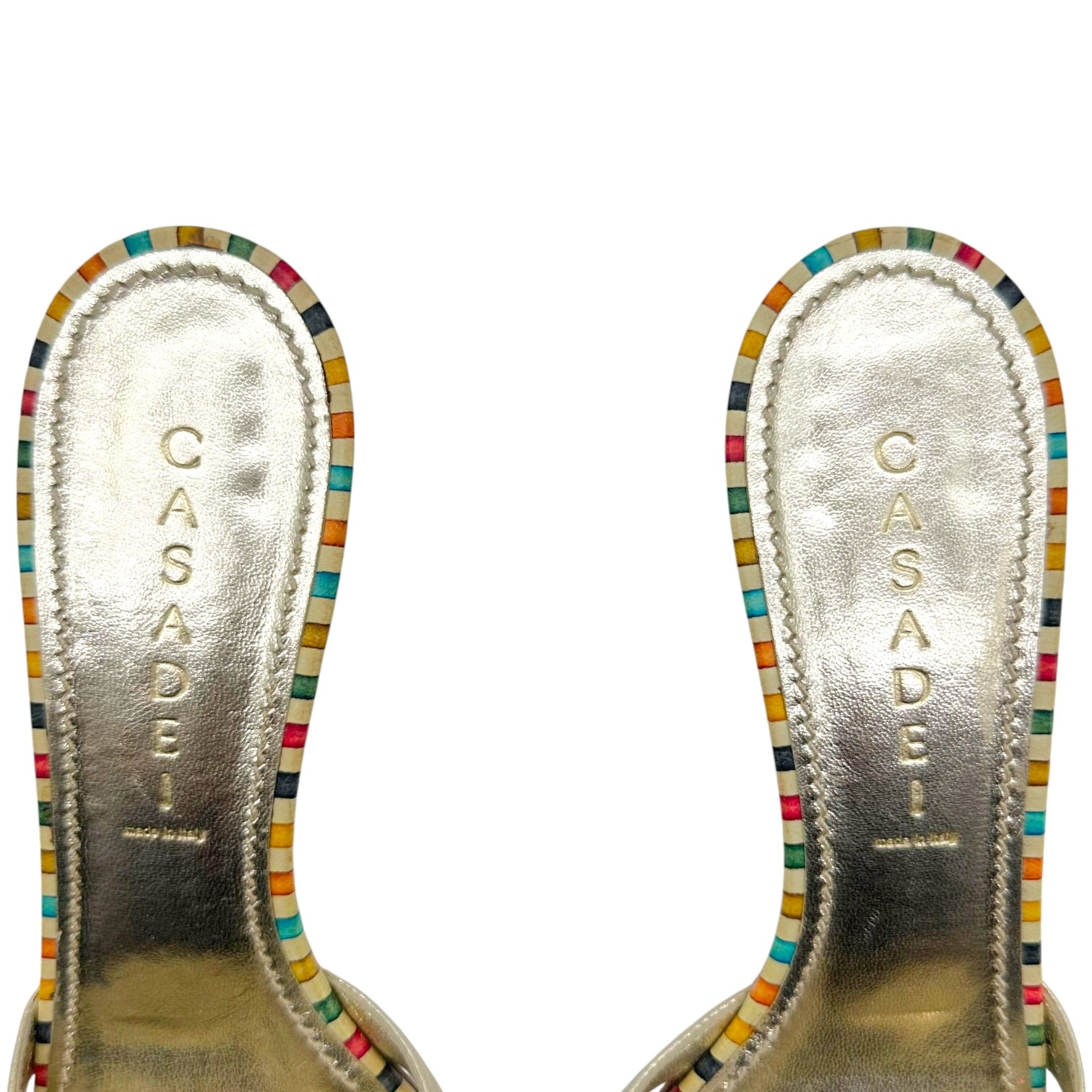 Casadei Metallic Gold Multicolor Striped Kitten Heel Mules