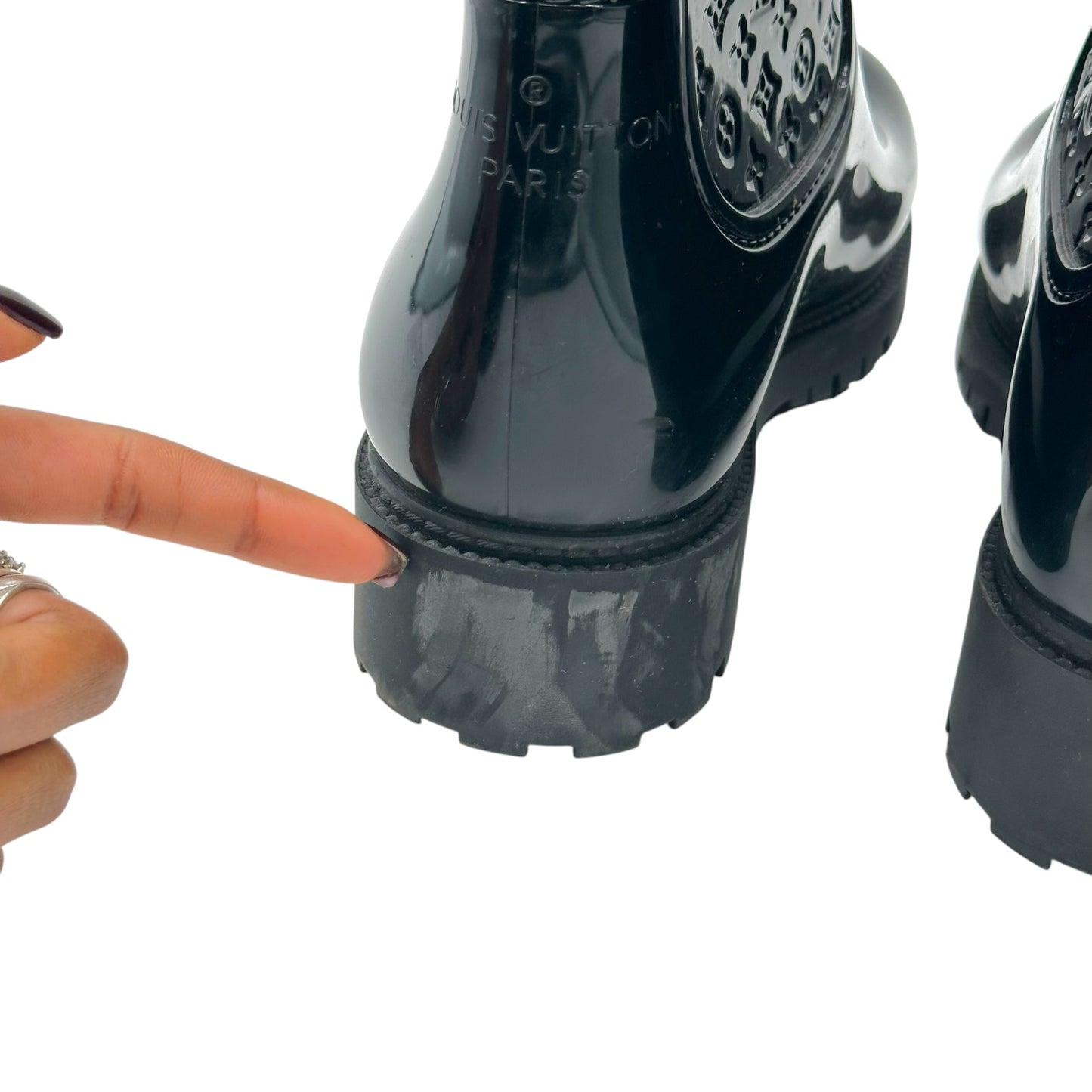 Louis Vuitton Black Shiny Rubber Embossed Monogram Rain Boots