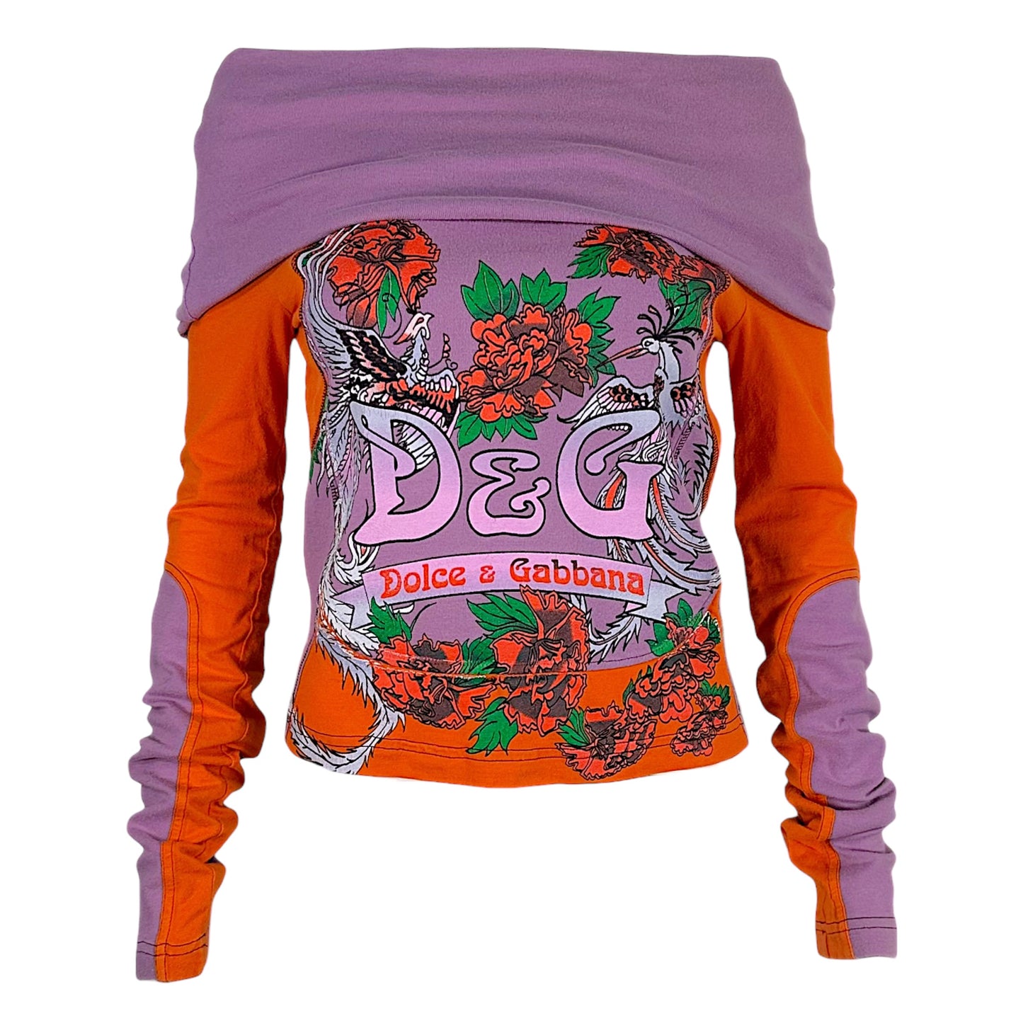 D&G Dolce & Gabbana Purple & Orange Logo Print Off Shoulder T-Shirt