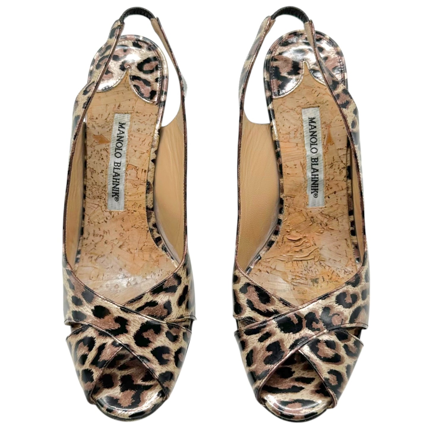 Manolo Blahnik Leopard Patent Leather Slingback Sandals
