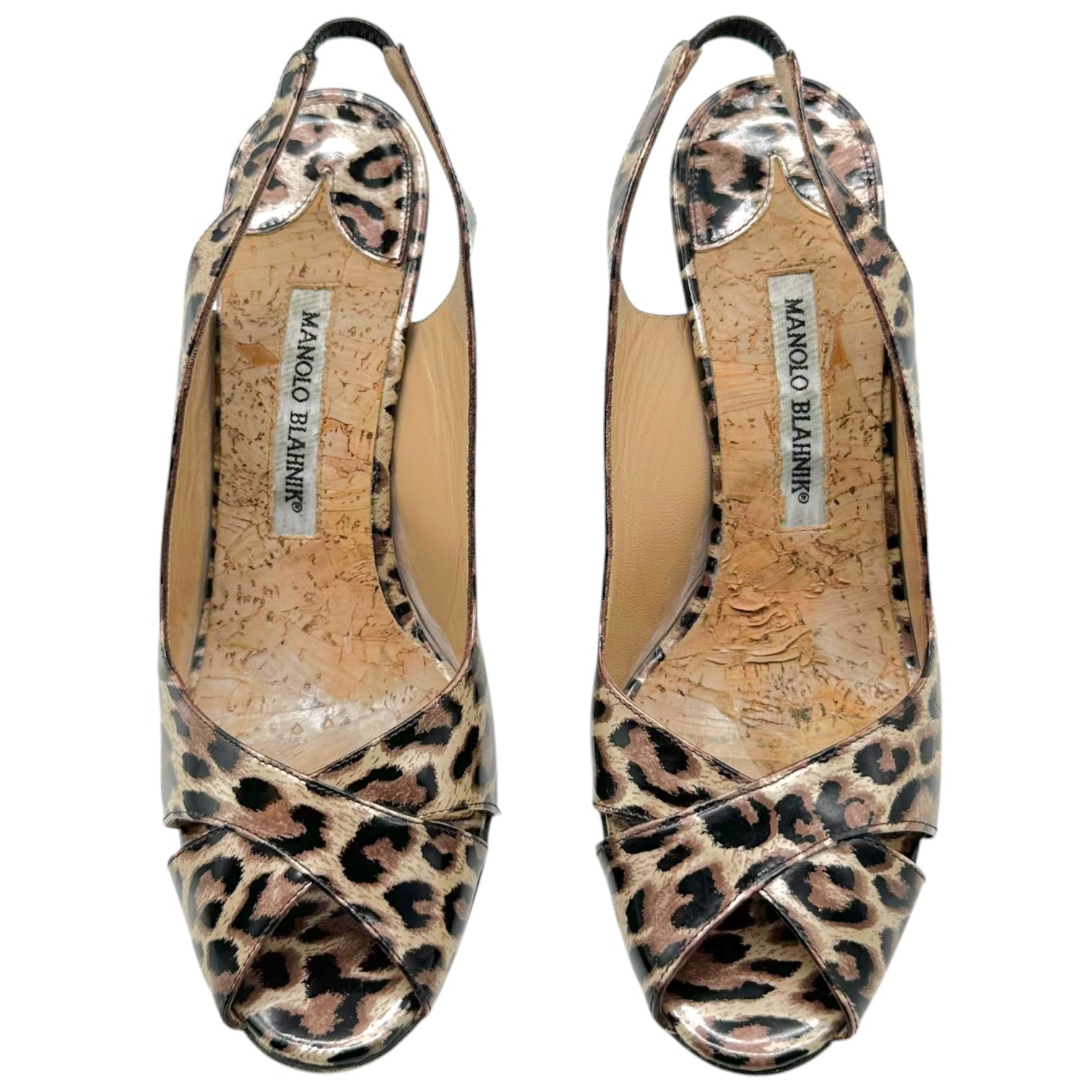 Manolo Blahnik Leopard Patent Leather Slingback Sandals