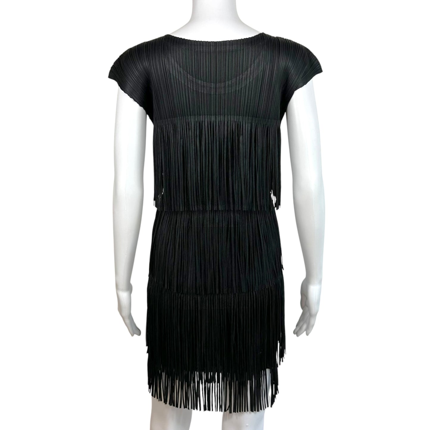 Issey Miyake Pleats Please Black Fringe Trim Pleated Mini Dress