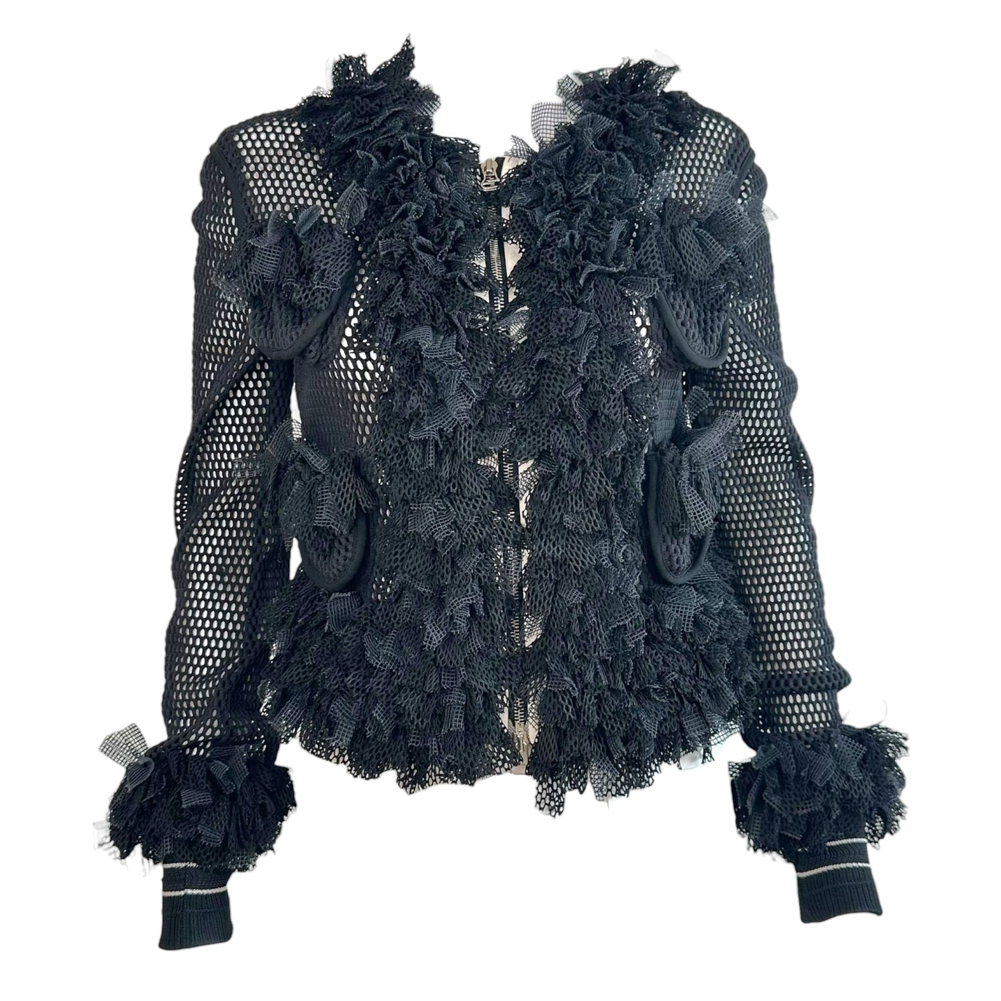 Gianfranco Ferre Black Semi-Sheer Mesh Ruffle Jacket