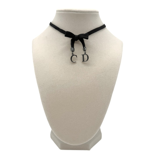 Christian Dior Black CD Logo Charm Bow Choker Necklace