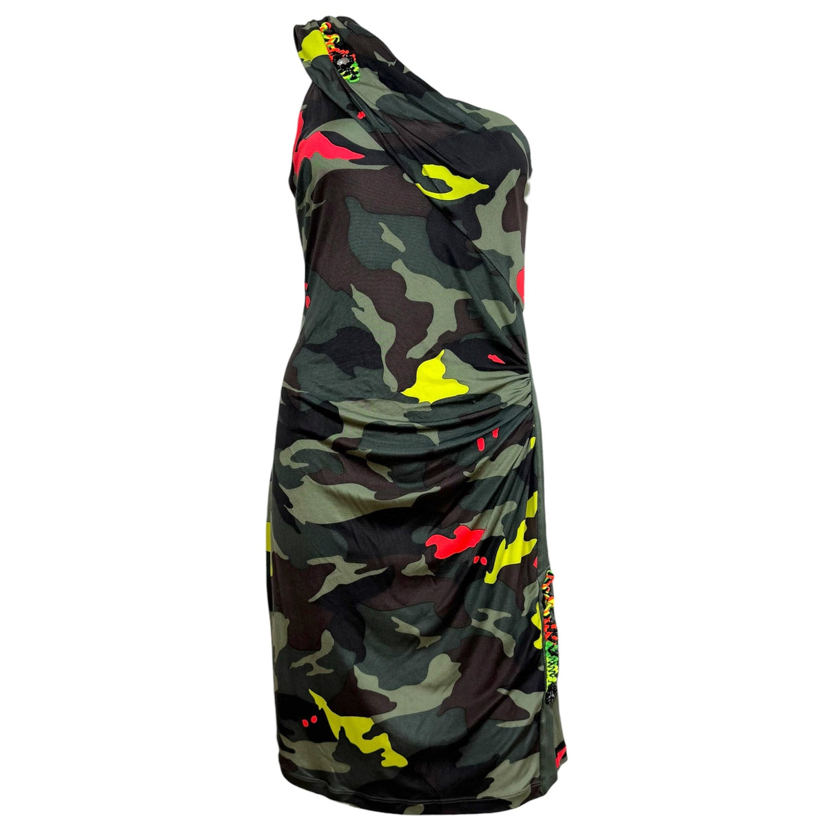 Blumarine Asymmetrical One Shoulder Midi Dress Neon Camouflage