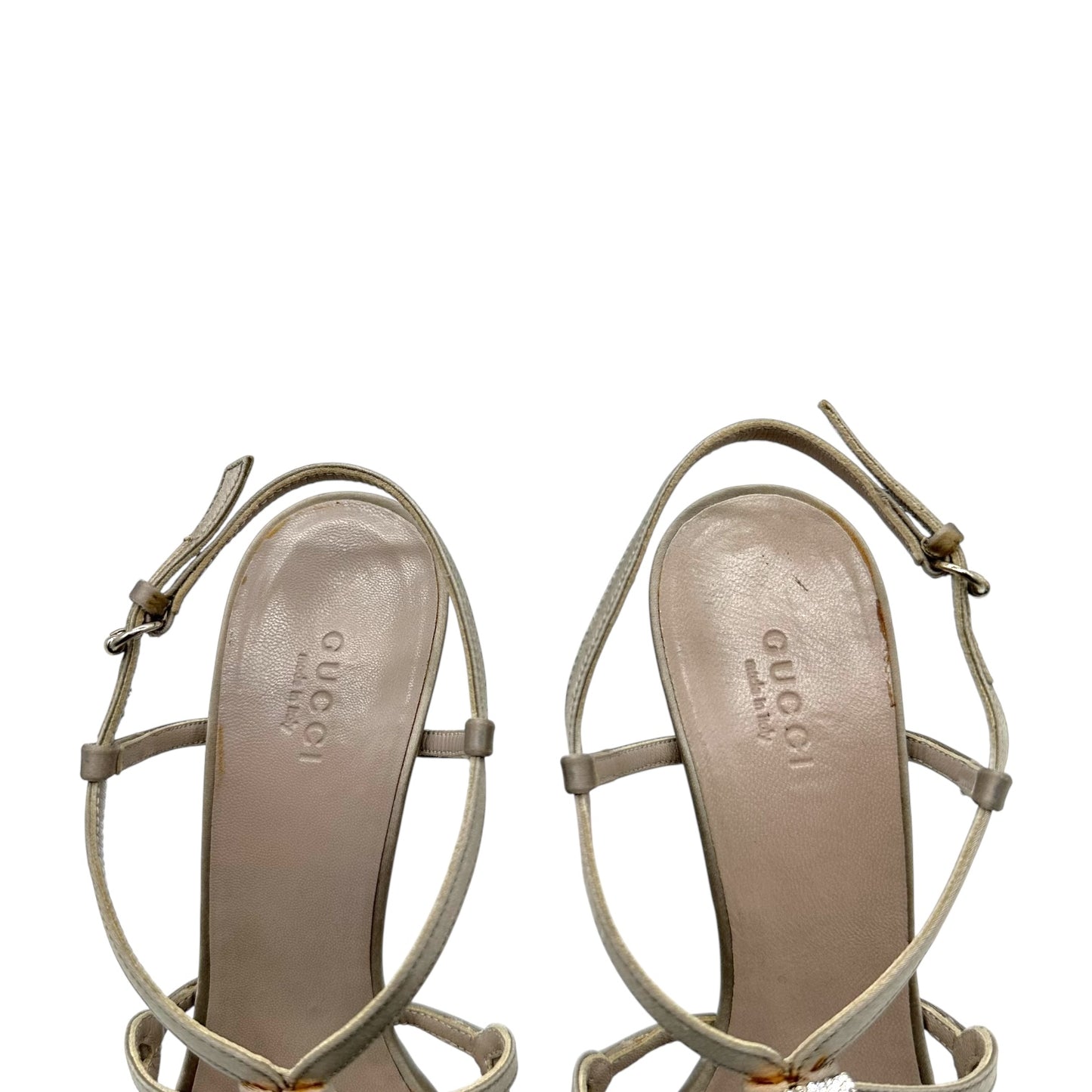 Gucci Silver Satin & Crystal Bamboo Strappy Heels