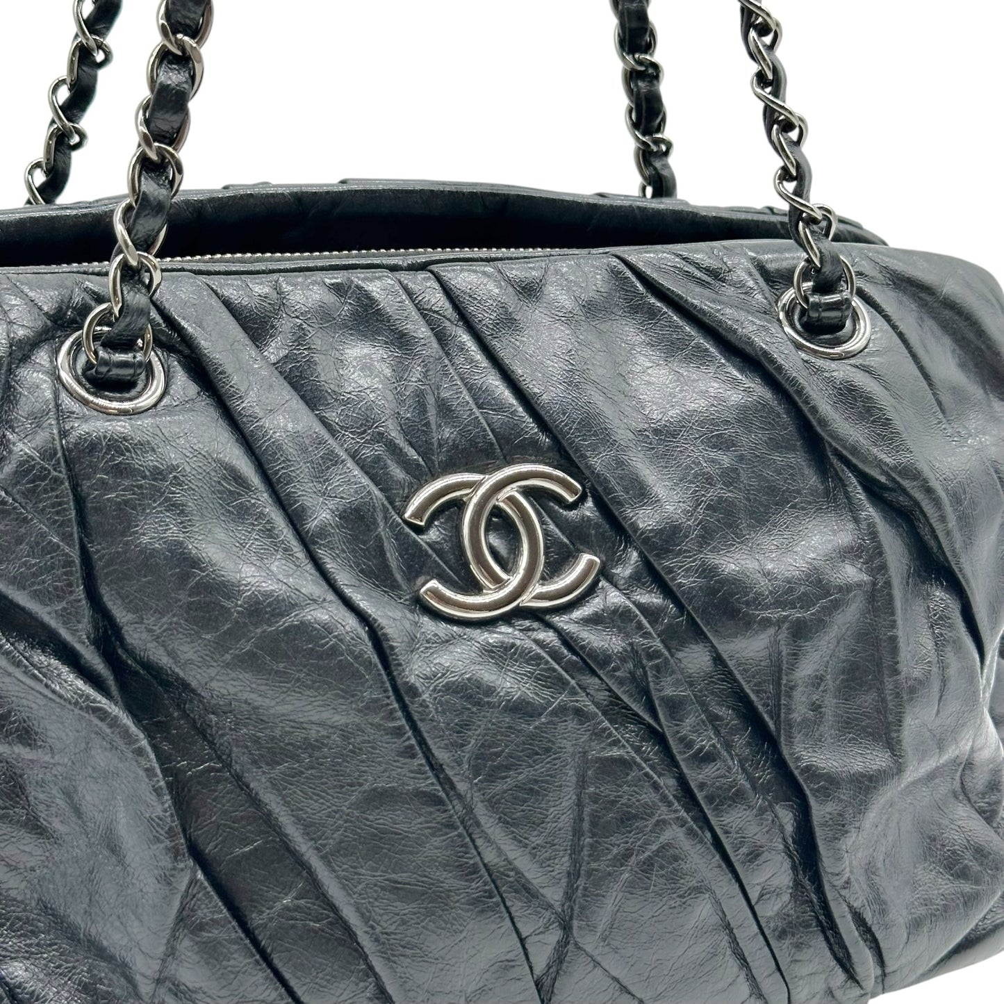 Chanel Black Ruched Leather Shoulder Bowler Bag