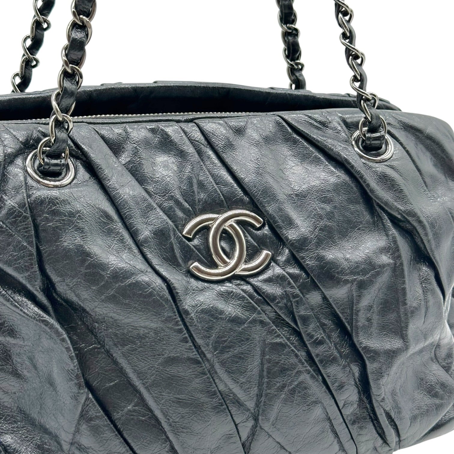 Chanel Black Ruched Leather Shoulder Bowler Bag