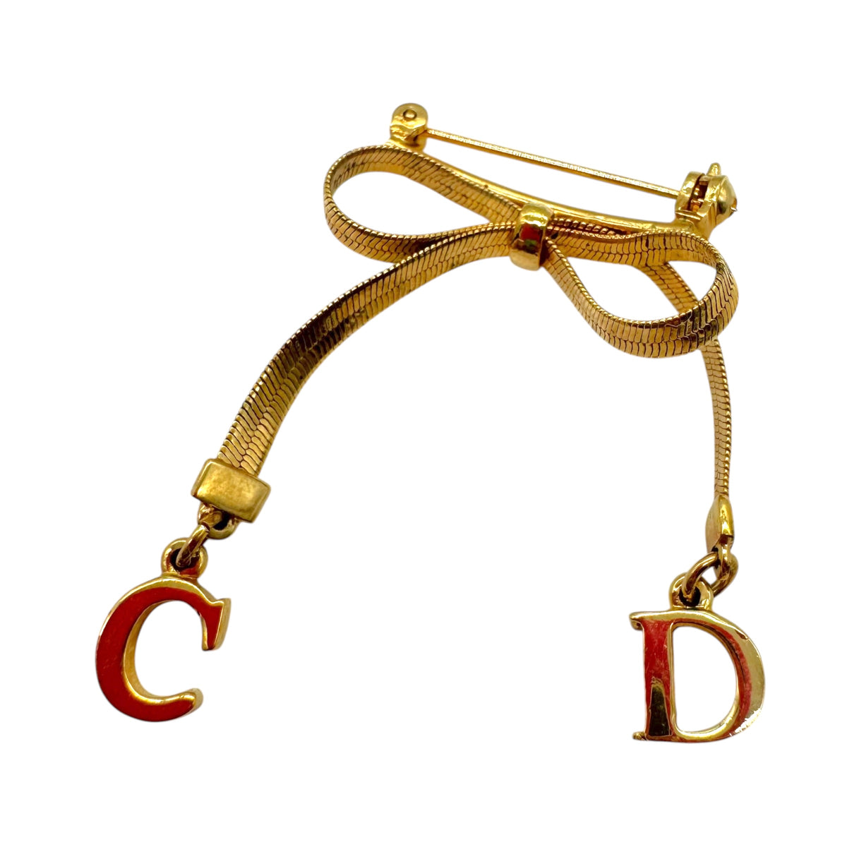 Christian Dior Gold Bow Brooch with CD Logo Charms