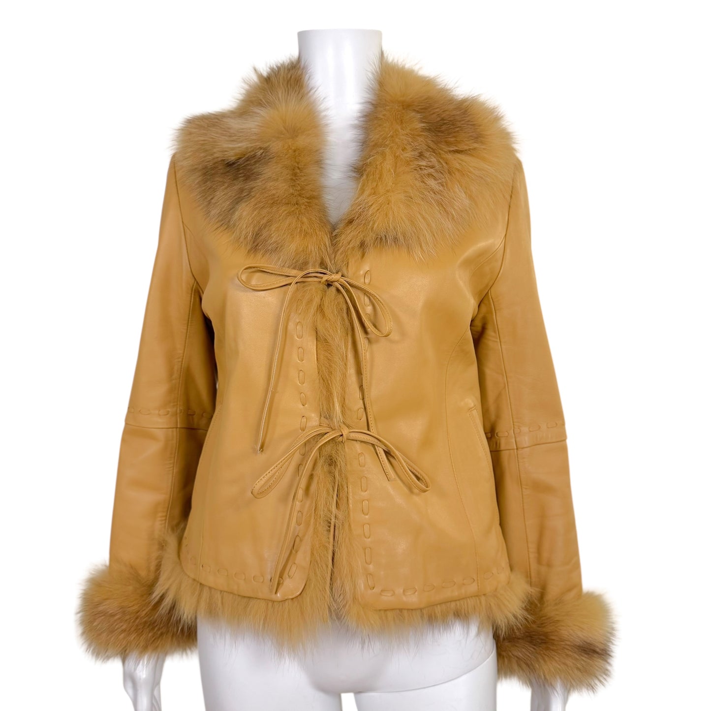 Balmain Tan Lambskin & Fur Tie Front Jacket - Outfit Repeater