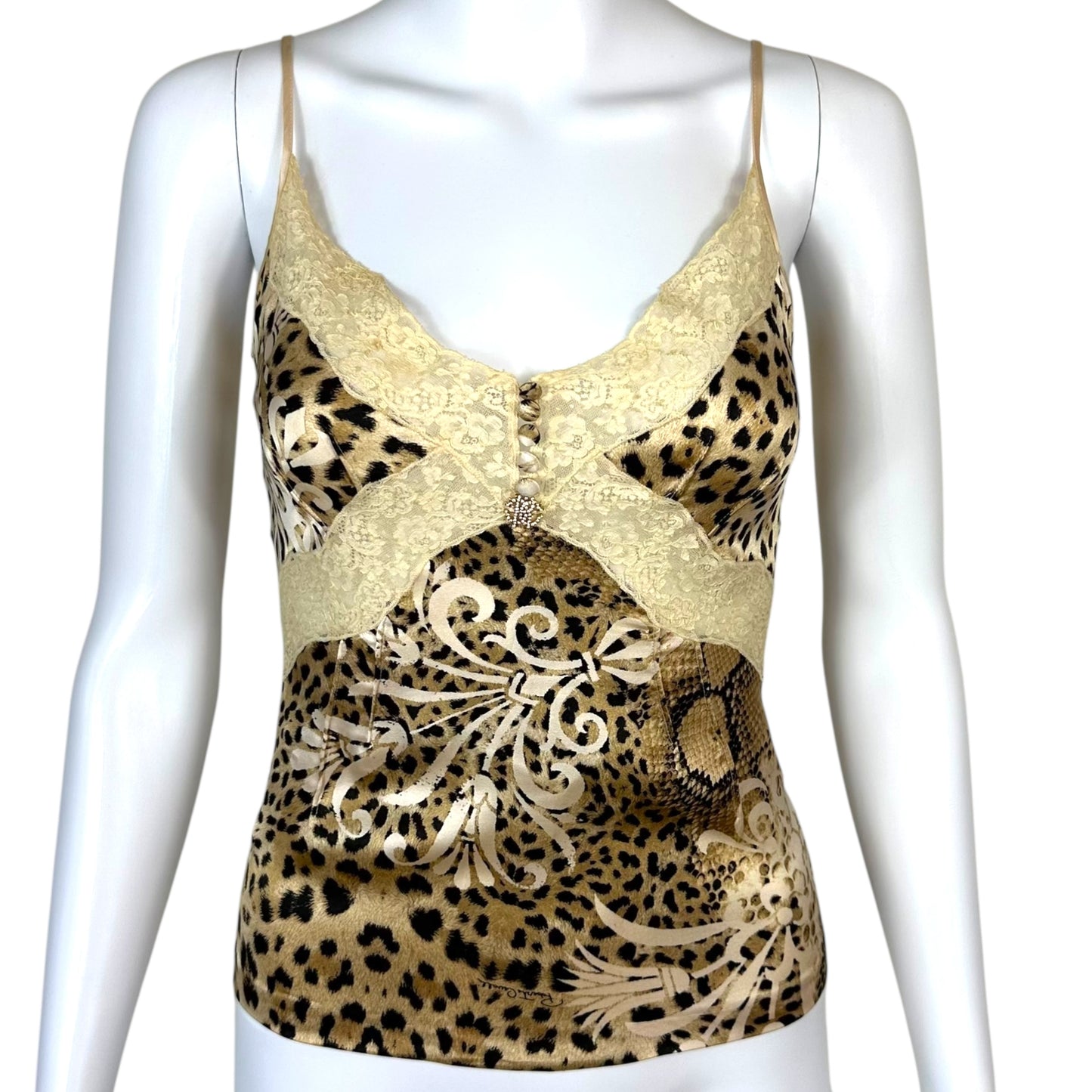 Roberto Cavalli 2006 Leopard & Python Print Lace Trim Silk Cami