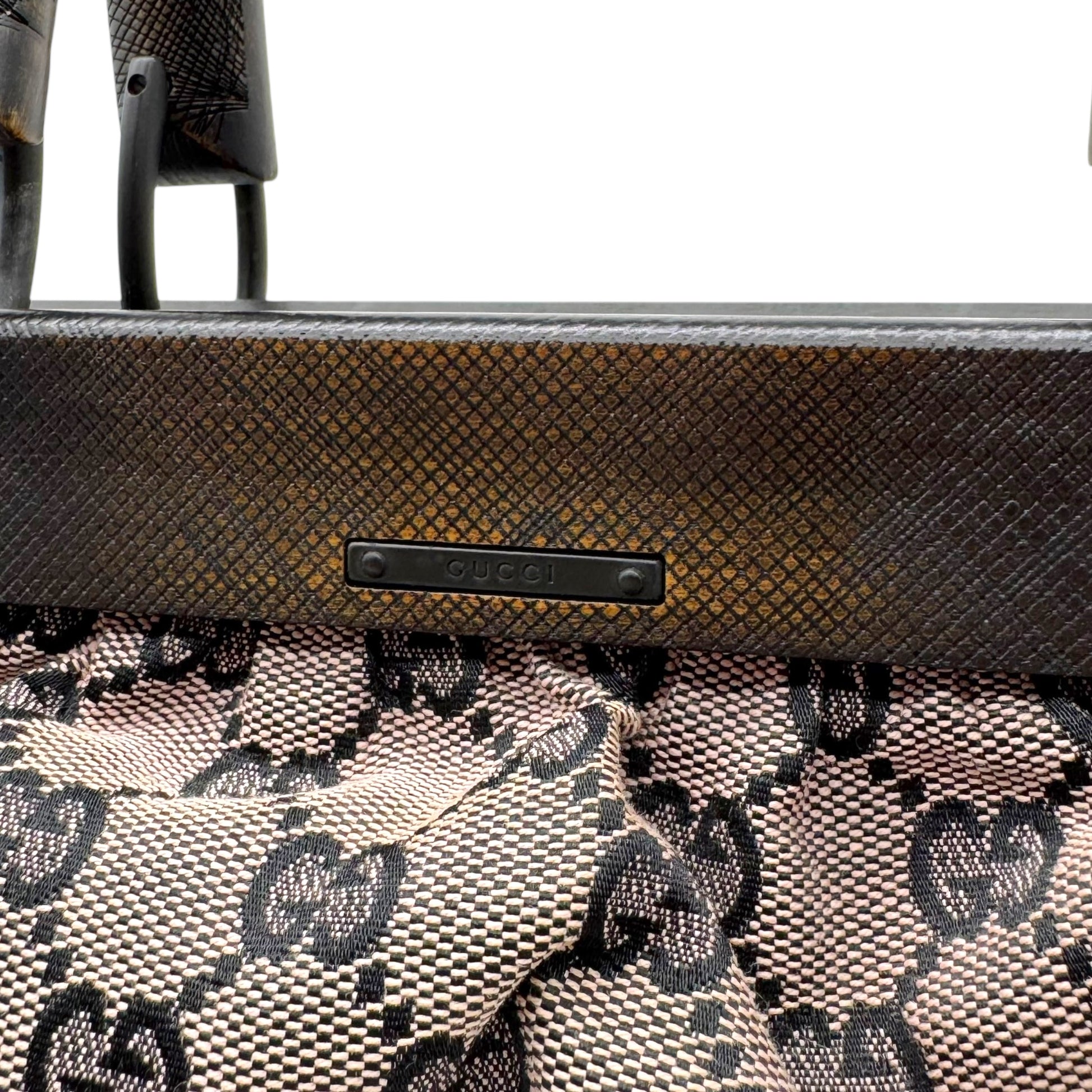 Gucci by Tom Ford Beige & Black Monogram Wooden Handle Bag - Outfit Repeater