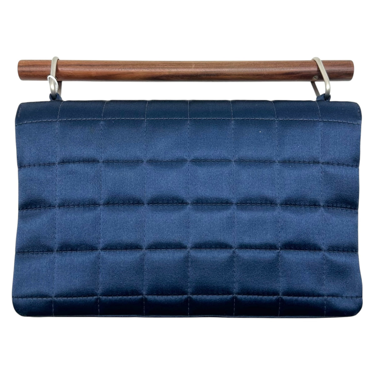 Chanel Blue Satin Quilted Wooden Handle Clutch Handbag