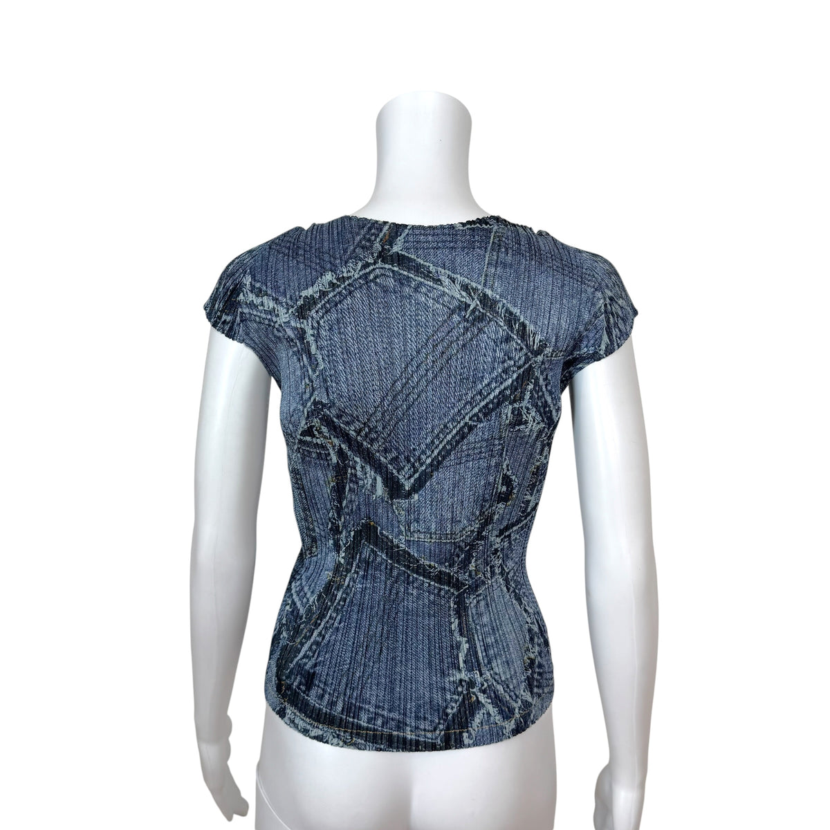 Issey Miyake Pleats Please Patchwork Denim Print Pleated T-Shirt Sz 3
