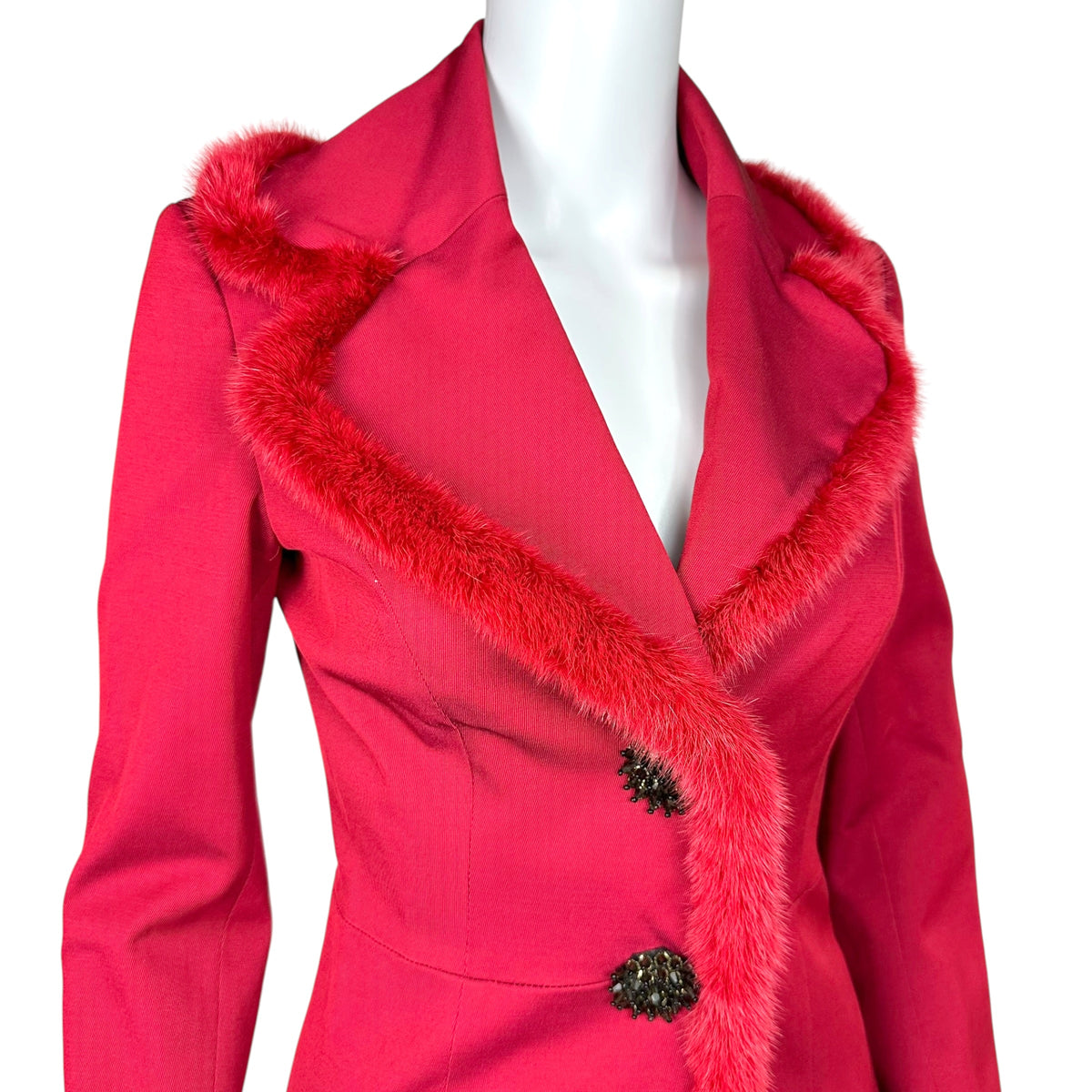 Blumarine Red Mini Jacket Fur Trim Crystal Buttons