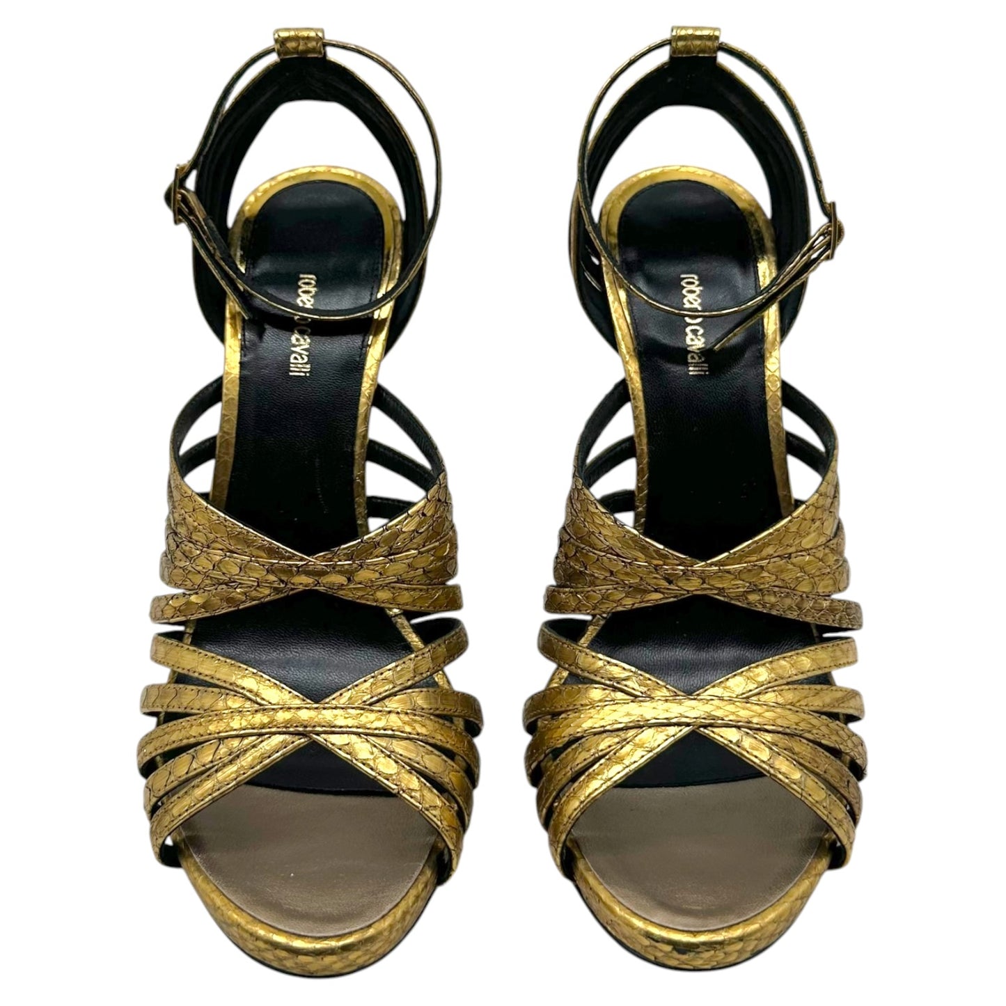 Roberto Cavalli Gold Snakeskin Strappy Sandals