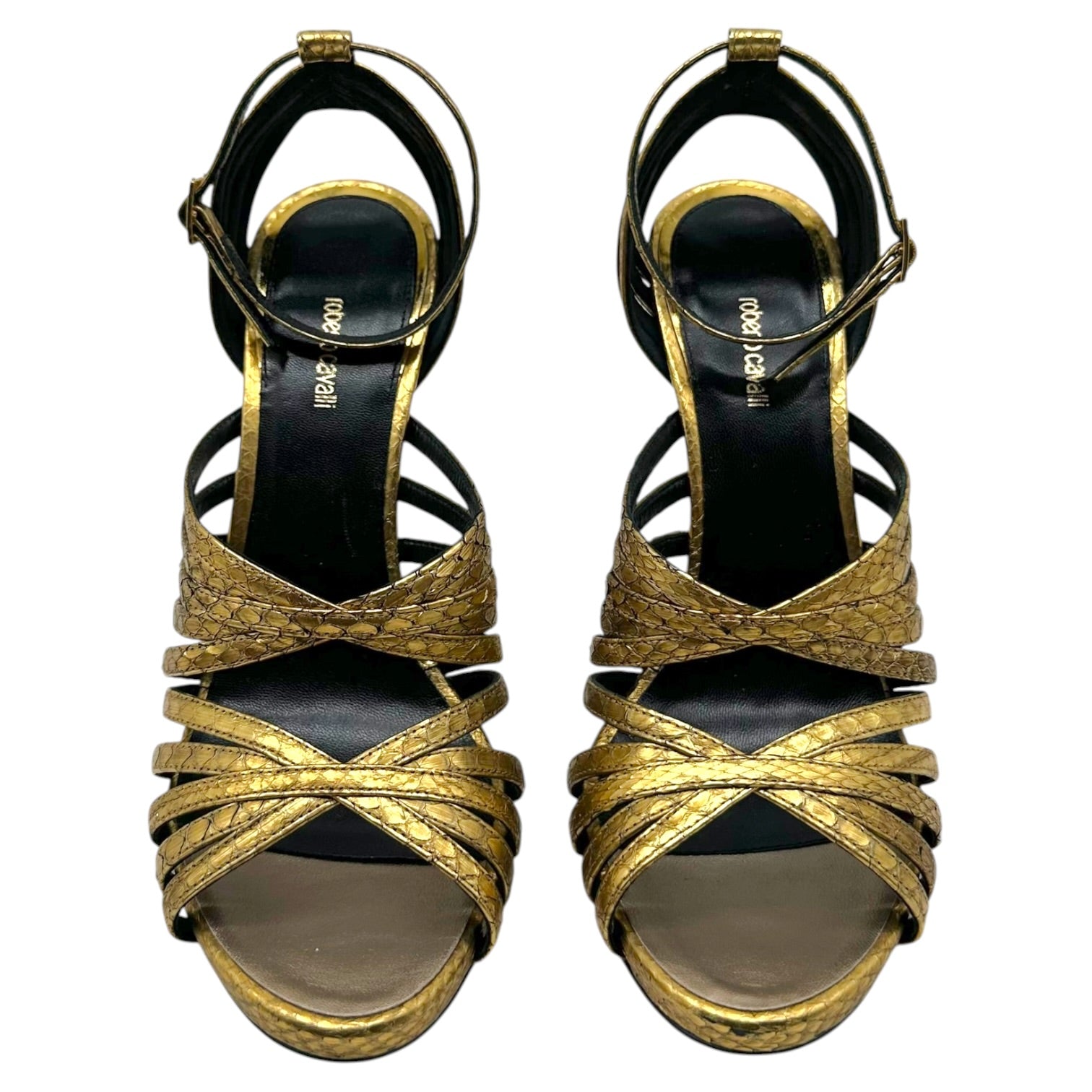 Roberto Cavalli Gold Snakeskin Strappy Sandals