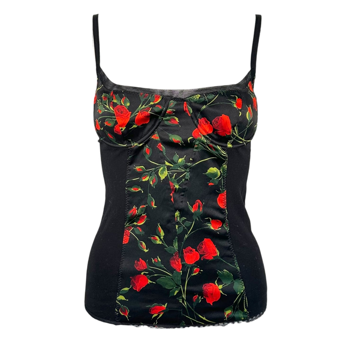 D&G Dolce & Gabbana Black & Red Rose Print Bustier Cami