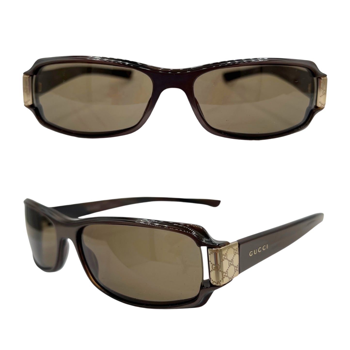Gucci Brown & Gold Monogram Arm Rectangle Sunglasses GG2548 w/ Case