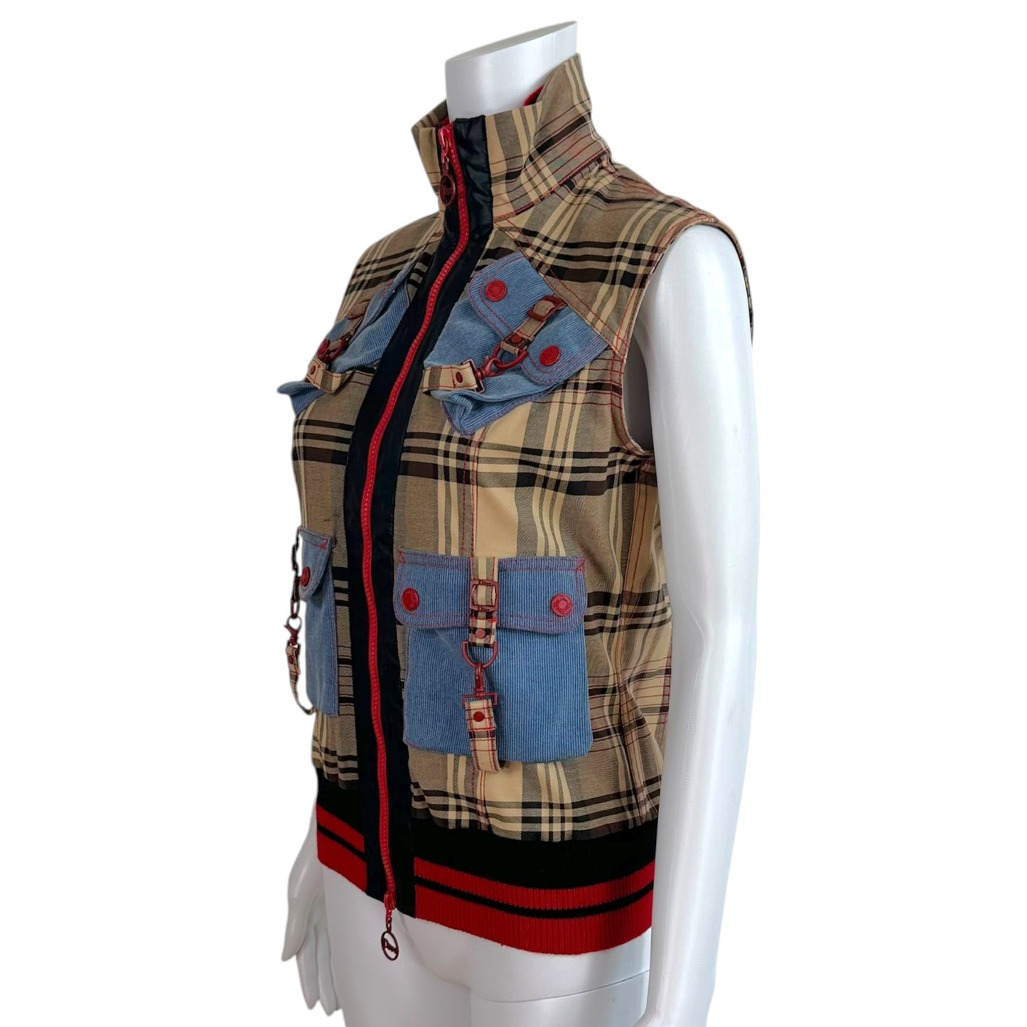 Christian Dior Multi-Pocket Sleeveless Vest Tan Plaid Denim