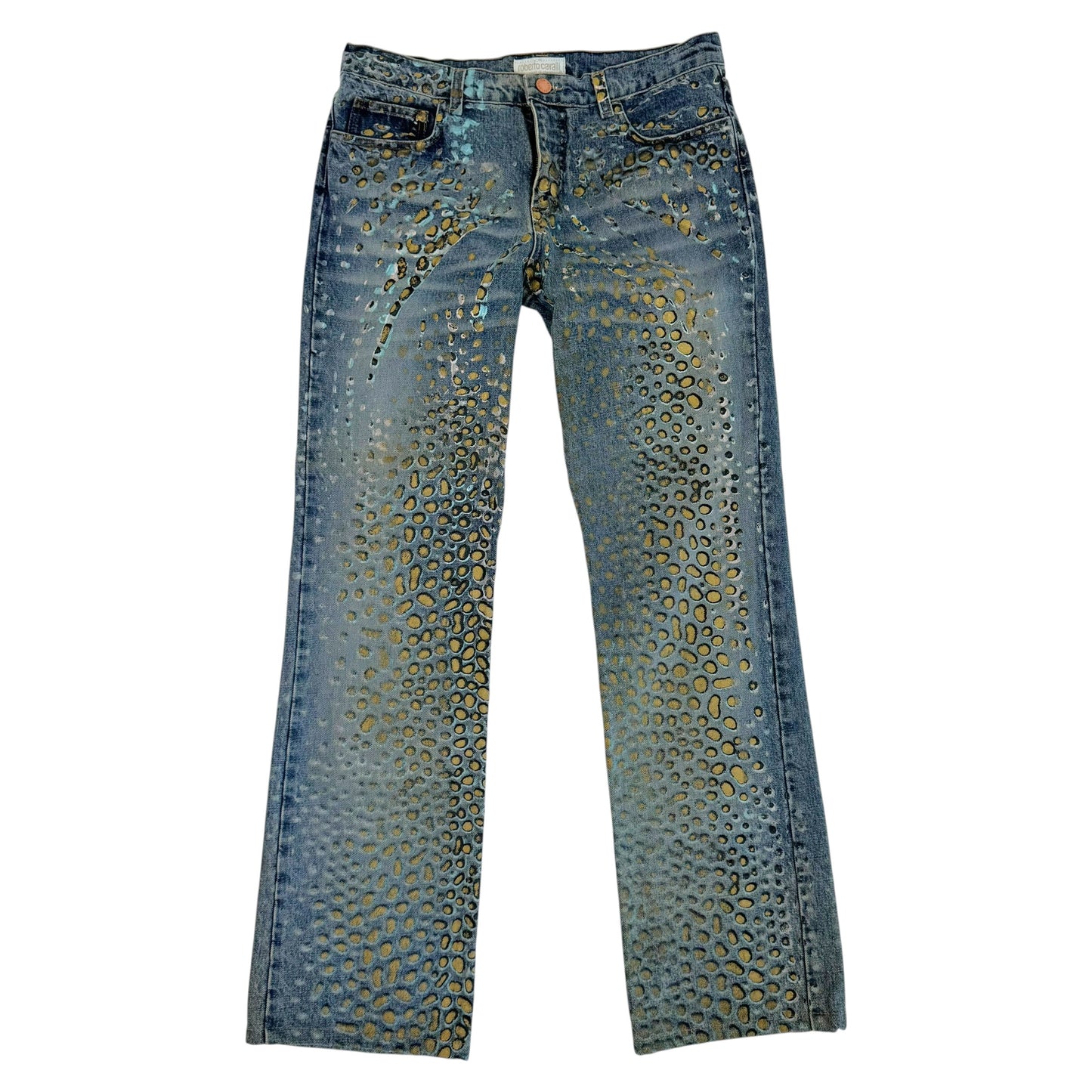 Roberto Cavalli Gold & Blue Spotted Painted Jeans