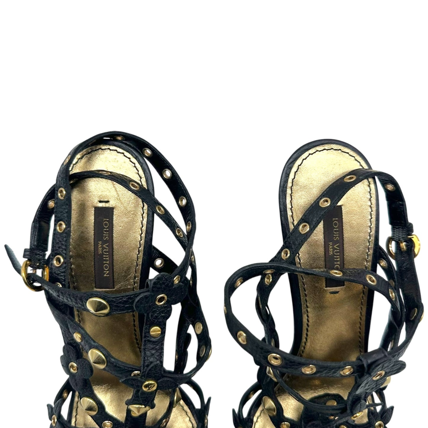 Louis Vuitton Black Leather & Gold Rivet Strappy Wooden Wedge Heeled Sandals