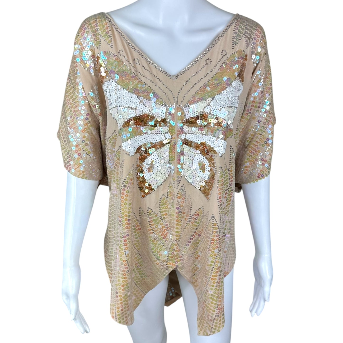 Blumarine Pink Silk Butterfly Sequin Embellished Poncho Blouse