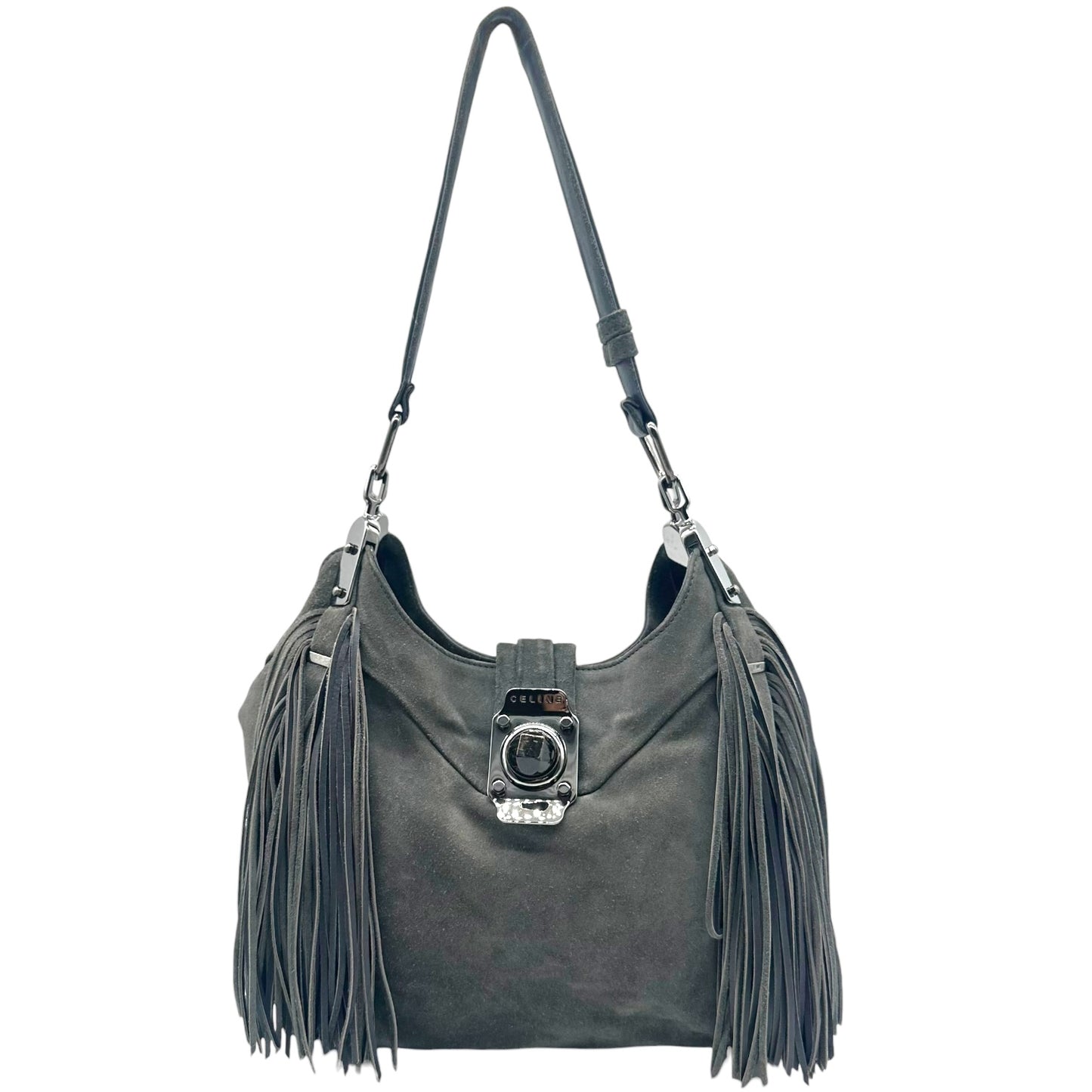 Celine Dark Gray Suede Fringe Trim Hobo Bag