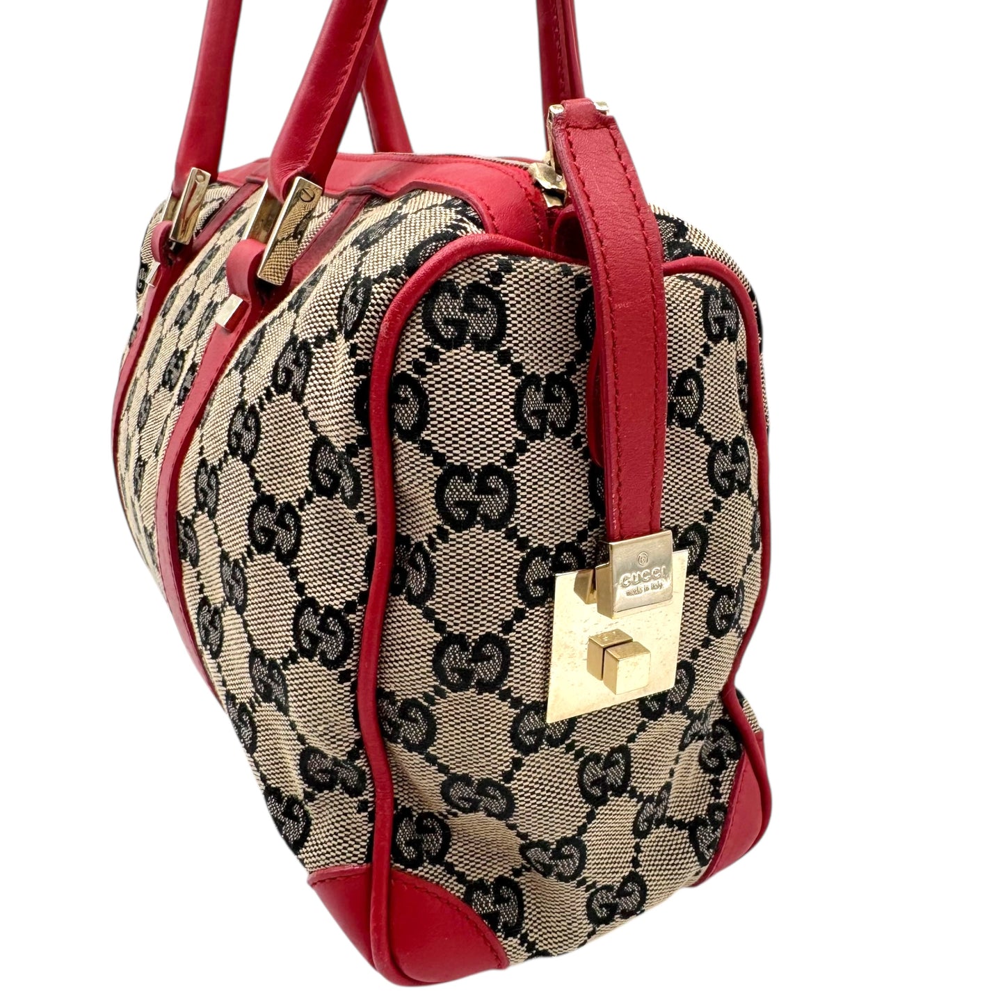 Gucci Gray Monogram & Red Leather Boston Bag - Outfit Repeater