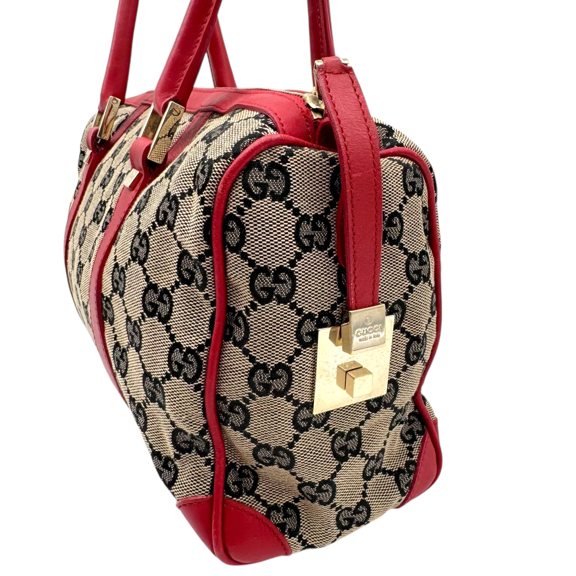 Gucci Gray Monogram & Red Leather Boston Bag - Outfit Repeater