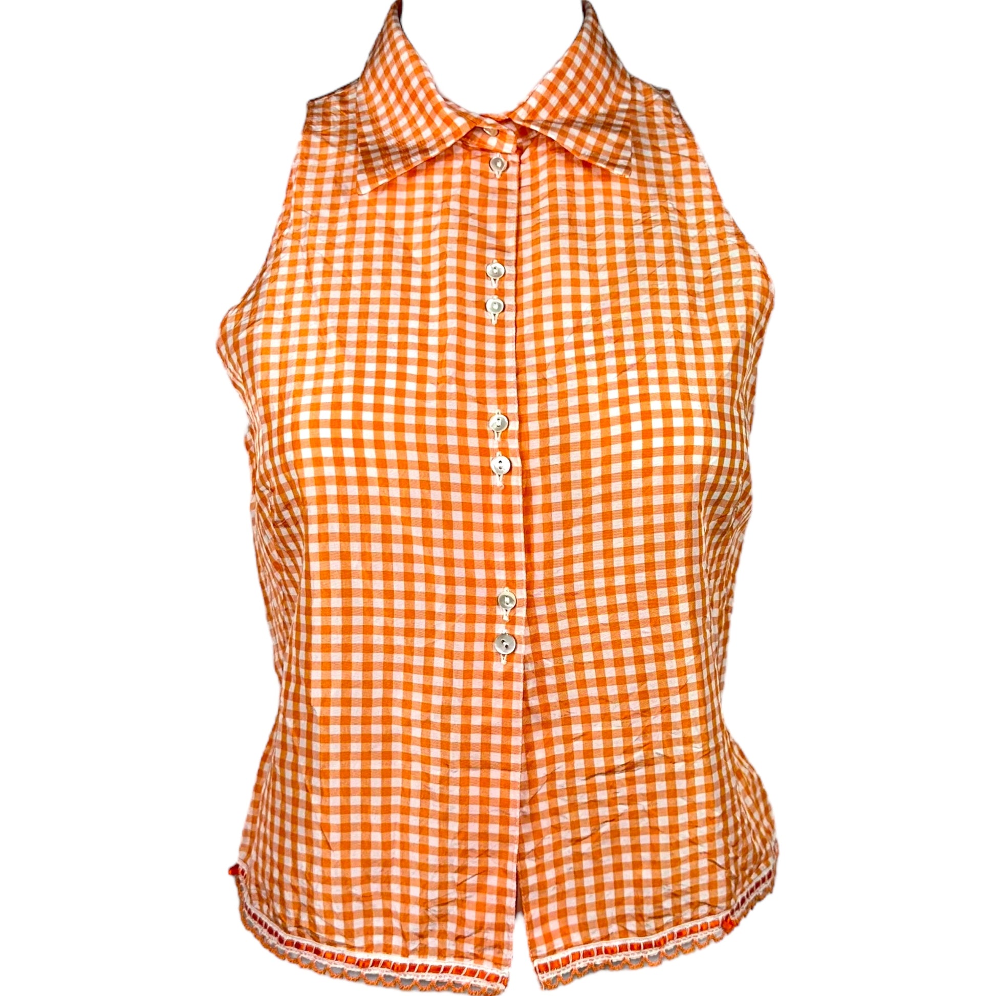 Blumarine Blugirl Orange Gingham Sleeveless Silk Blouse - Outfit Repeater
