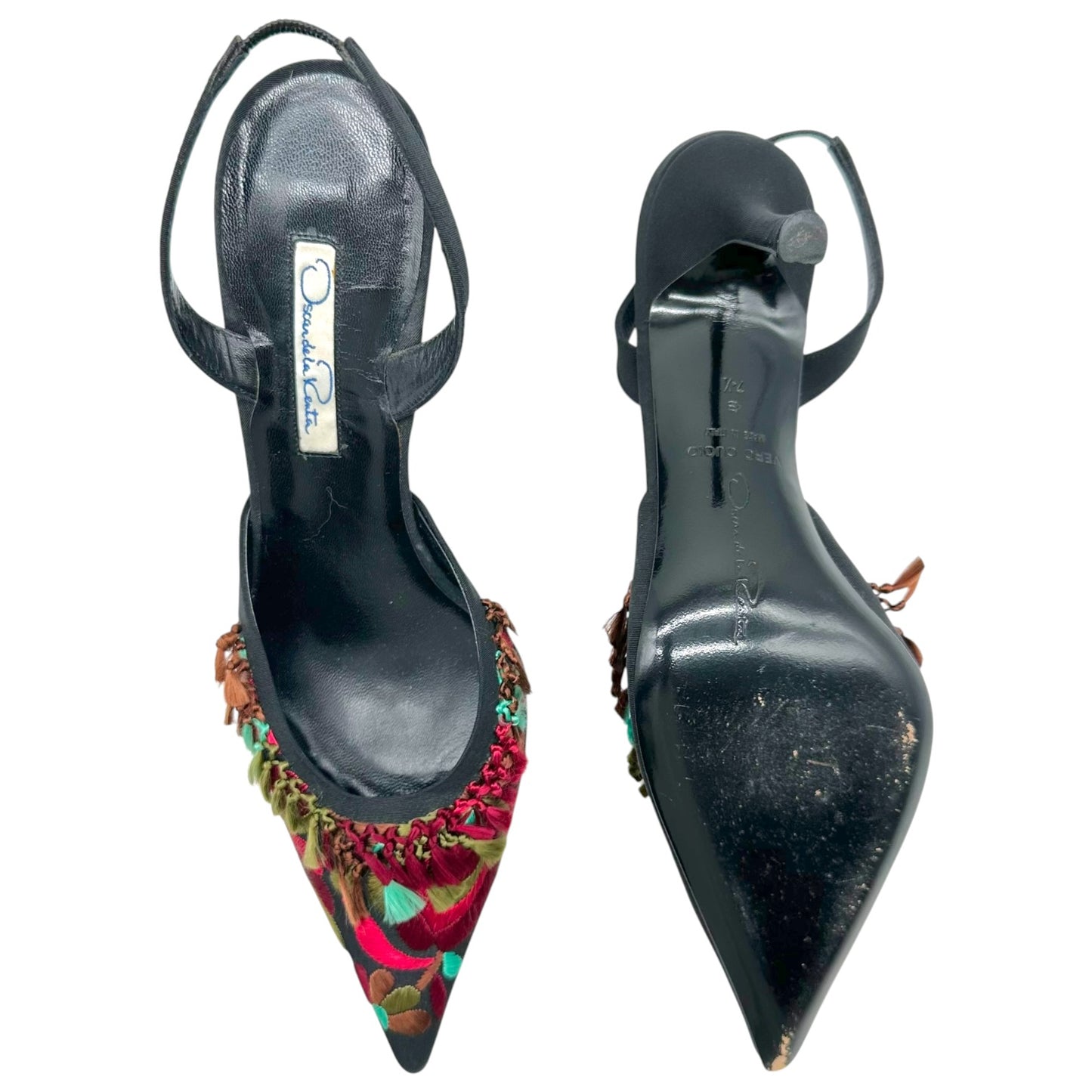 Oscar de la Renta Embroidered Floral & Tassle Slingback Heels