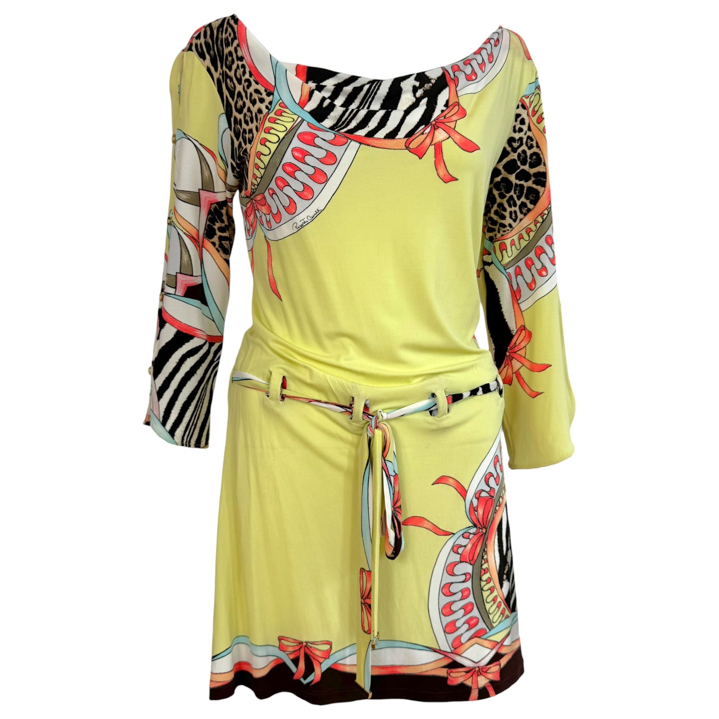 Roberto Cavalli S/S 2004 Yellow Multicolor Animal Print 3/4 Sleeve Cowl Neck Mini Dress