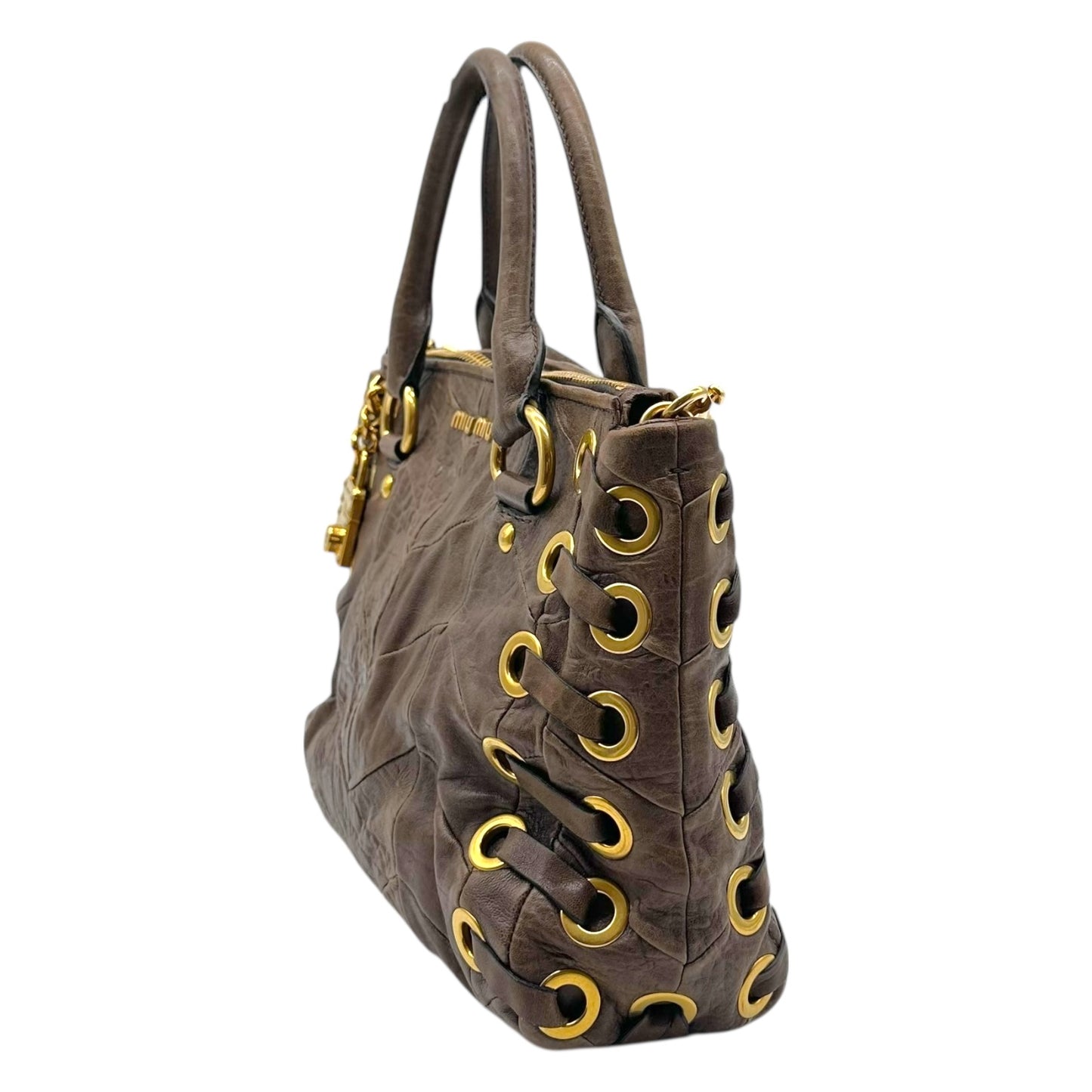 Miu Miu Brown Leather & Gold Rivet Studded 2-Way Bag