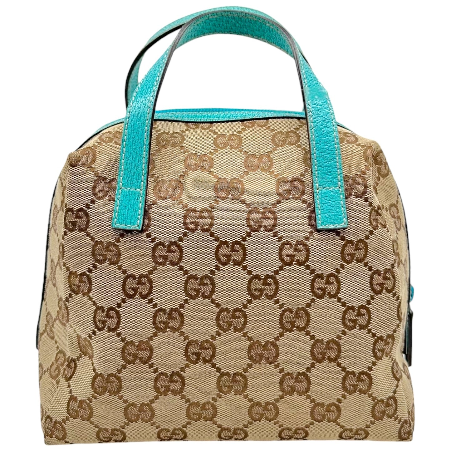 Gucci Tan Monogram & Turquoise Top Handle Pochette Bag