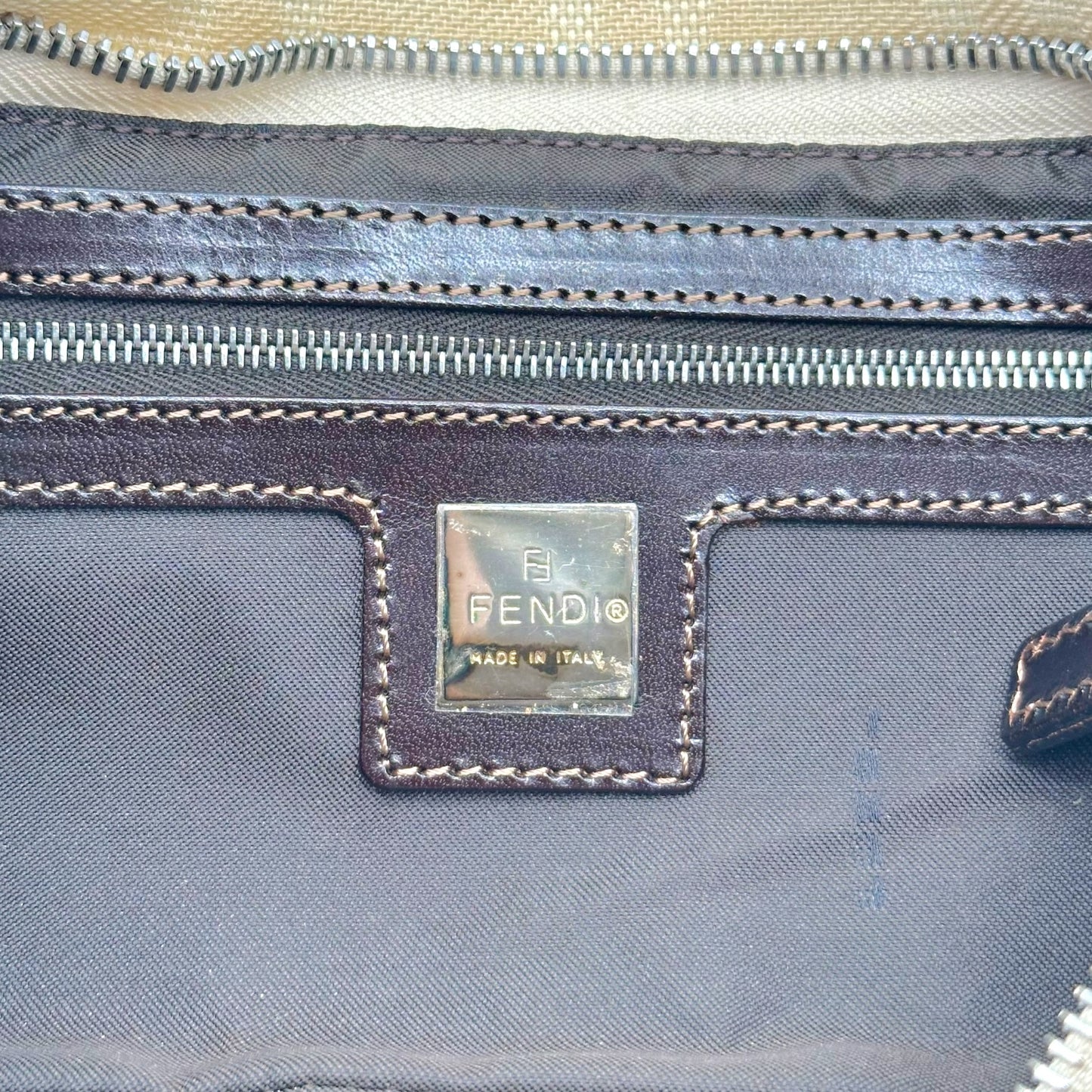 Fendi Ivory Zucca Monogram & Brown Leather Crossbody Baguette Bag