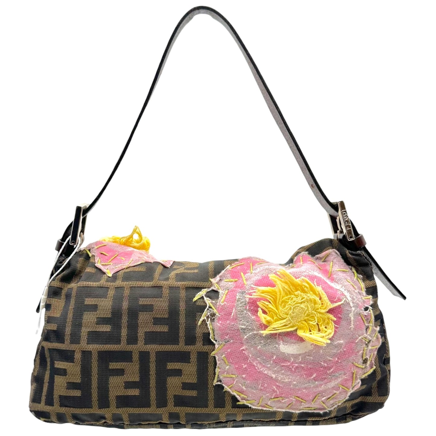 Fendi Baguette Bag Brown Monogram Pink Floral Applique