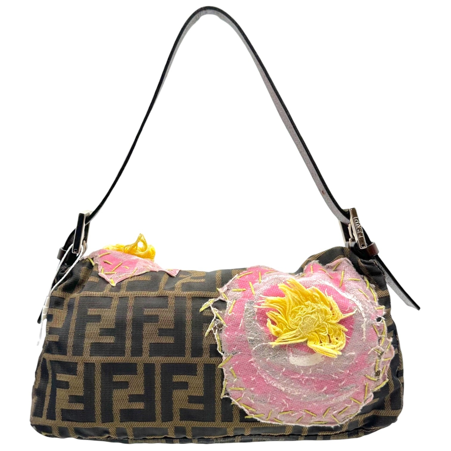 Fendi Baguette Bag Brown Monogram Pink Floral Applique