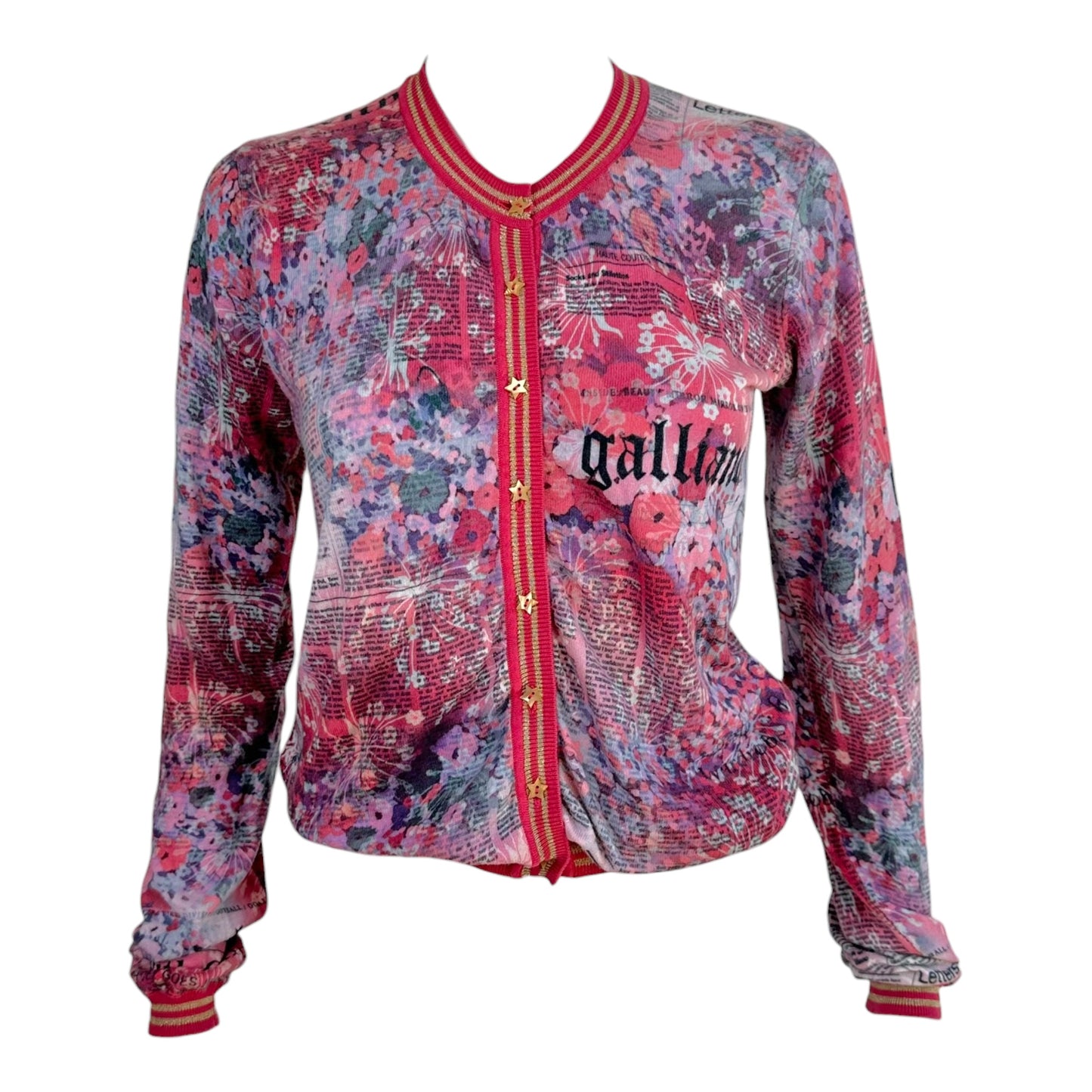 Galliano Pink & Purple Floral Gazette Newsprint Cardigan