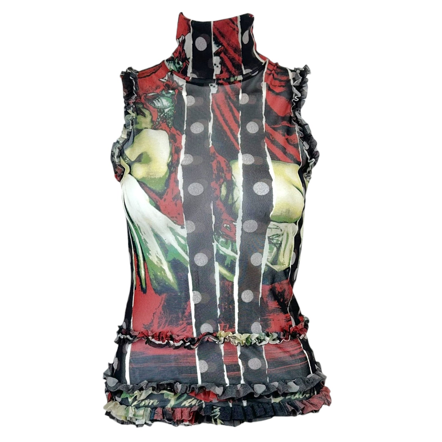 Jean Paul Gaultier Polka Dot Figure Print Sleeveless Turtleneck Mesh Tank
